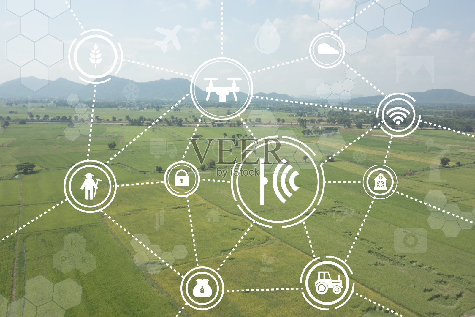 物联网工业农业、智能农业概念、各种农业技术在未来领域背景上的图标ict(信息通信技术)照片摄影